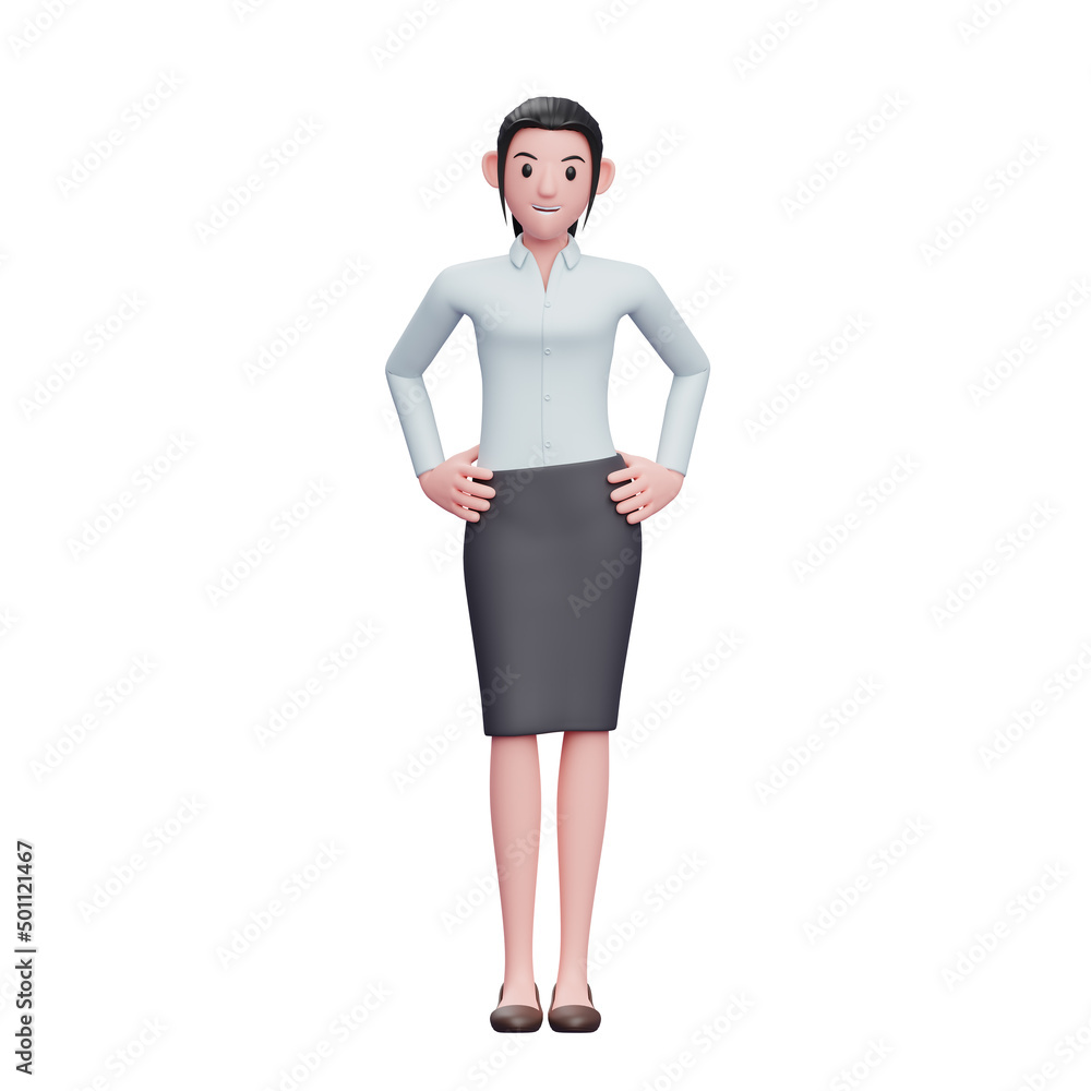 Fototapeta premium happy Business woman with hand on waist wear skirts and long shirts, 3D render business woman character illustration