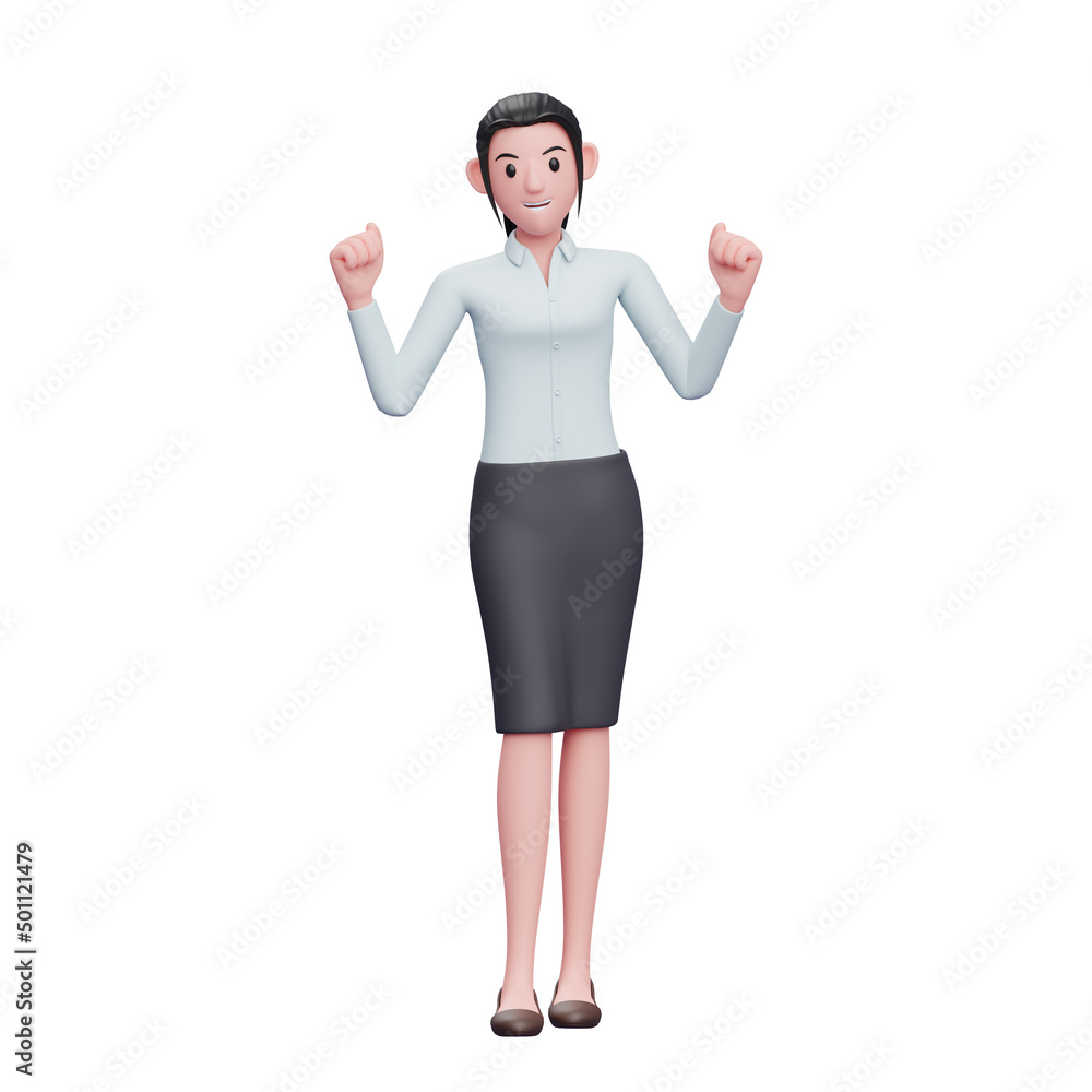 3d excited business woman doing winning gesture wear skirts and long shirts, woman character illustration 3d excited business woman doing winning gesture wear skirts and long shirts, woman character illustration