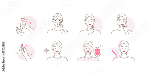 Spf protection illustration set. Beauty girl taking care of her skin and using uv protection sunscreen. Skin care against aging and pigmentation caused by sun. Beauty routine. Vector illustration.