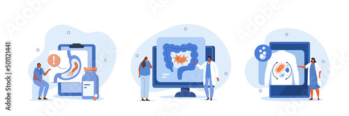 Digestive tract diseases illustration set. Doctor gastroenterologist inspecting stomach and intestine microflora. Gastroenterology problems caused by bad intestinal bacteria. Vector illustration.