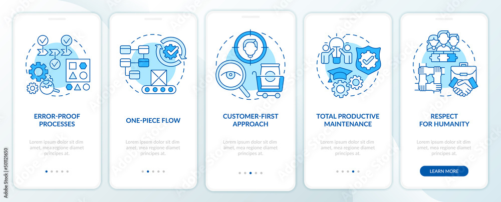 Lean manufacturing principles blue onboarding mobile app screen. Walkthrough 5 steps graphic instructions pages with linear concepts. UI, UX, GUI template. Myriad Pro-Bold, Regular fonts used Lean manufacturing principles blue onboarding mobile app screen. Walkthrough 5 steps graphic instructions pages with linear concepts. UI, UX, GUI template. Myriad Pro-Bold, Regular fonts used