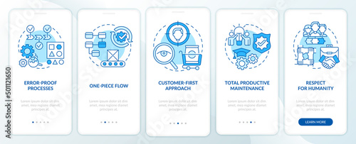 Lean manufacturing principles blue onboarding mobile app screen. Walkthrough 5 steps graphic instructions pages with linear concepts. UI, UX, GUI template. Myriad Pro-Bold, Regular fonts used