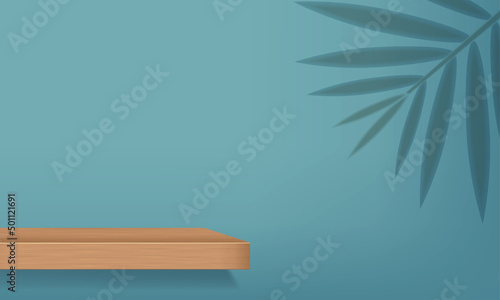Realistic wooden product podium with palm leave shadow on the background Vector © DrArt