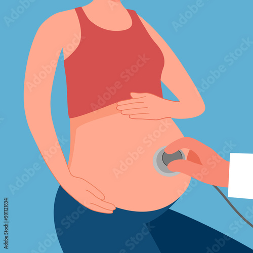 Doctor examining pregnant woman in flat design.