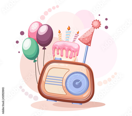 Cute retro radio with cake and balloons. Radio birthday background.