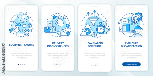Lean manufacturing disadvantages blue onboarding mobile app screen. Walkthrough 4 steps graphic instructions pages with linear concepts. UI, UX, GUI template. Myriad Pro-Bold, Regular fonts used