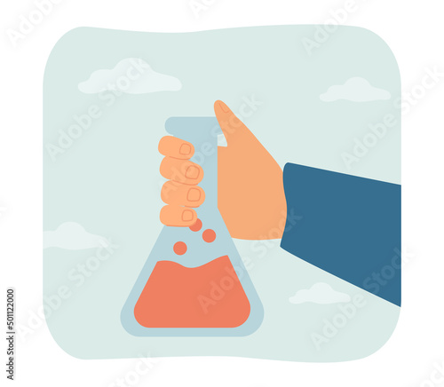 Hand of scientist holding glass lab flask with liquid. Chemical experiment of person in laboratory flat vector illustration. Science, chemistry concept for banner, website design or landing web page