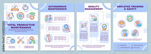 Total productive maintenance brochure template. Equipment improvement. Leaflet design with linear icons. 4 vector layouts for presentation, annual reports. Arial-Black, Myriad Pro-Regular fonts use
