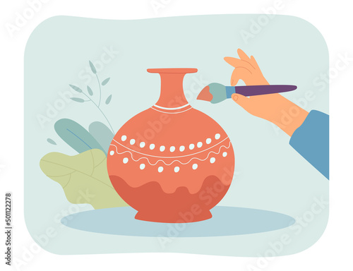 Artists hand drawing creative patterns on handmade ceramic pot. Person holding paint brush for craft hobby flat vector illustration. Handicraft concept for banner, website design or landing web page