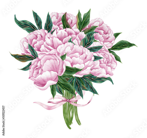 Watercolor pink peonies bouquet. Peony floral arrangements with flowers and green leaves. Perfect for wedding, invitation, cards
