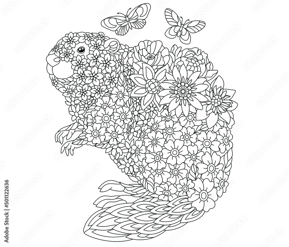 Floral adult coloring book page. Fairy tale beaver. Ethereal animal consisting of flowers, leaves and butterflies.  - obrazy, fototapety, plakaty 