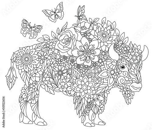 Floral adult coloring book page. Fairy tale bison or buffalo. Ethereal animal consisting of flowers, leaves and butterflies. 