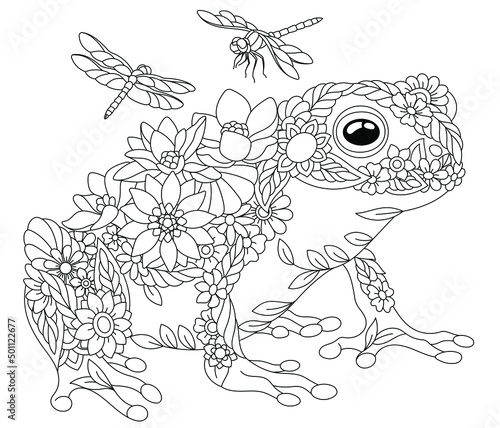 Floral adult coloring book page. Fairy tale frog. Ethereal animal consisting of flowers, leaves and dragonflies. 