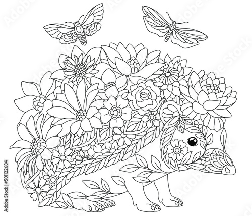 Floral adult coloring book page. Fairy tale hedgehog. Ethereal animal consisting of flowers, leaves and butterflies. 