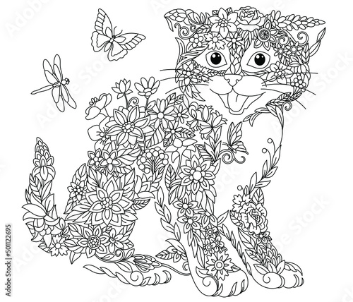 Floral adult coloring book page. Fairy tale kitten. Ethereal animal consisting of flowers, leaves and insects. 