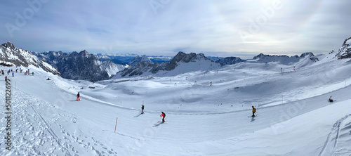 Panorama view of snow mountain from Zugspitze - the highest point of Germany. The Alps, Germany, Europe. 