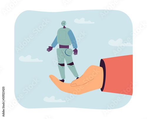 Tiny robot standing on humans hand flat vector illustration. Artificial intelligence, future, machine, science concept for banner, website design or landing web page