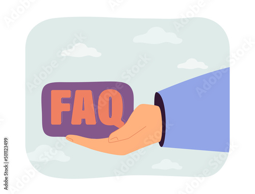 Hand holding FAQ letters. Search of answers to important questions for curious person flat vector illustration. Interrogation, service, analysis concept for banner, website design or landing web page