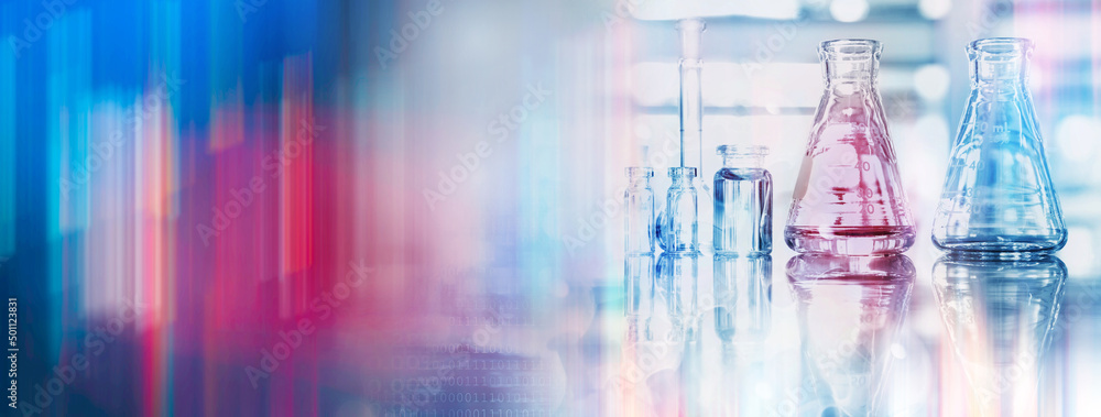 glass flask and vial chemistry science research lab and colorful abstract banner background