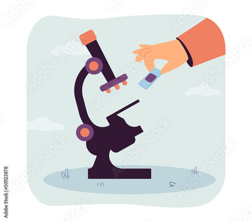 Hand of scientist holding glass slide with biopsy. Research of medical pathology by person using lab microscope flat vector illustration. Science concept for banner, website design or landing web page