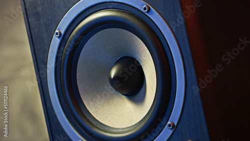 Close-up of a speaker woofer. A perspective natural shot of analog equipment, symbol of music and sound photo