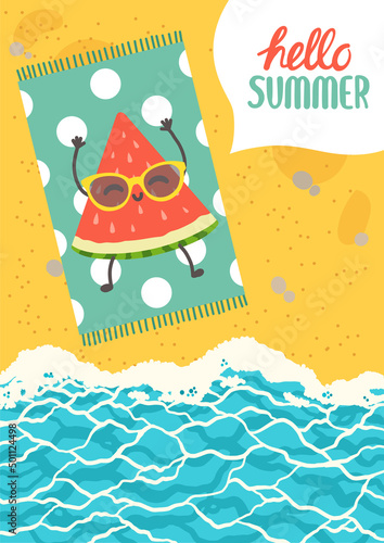Hello summer colorful postcard, flat design vector