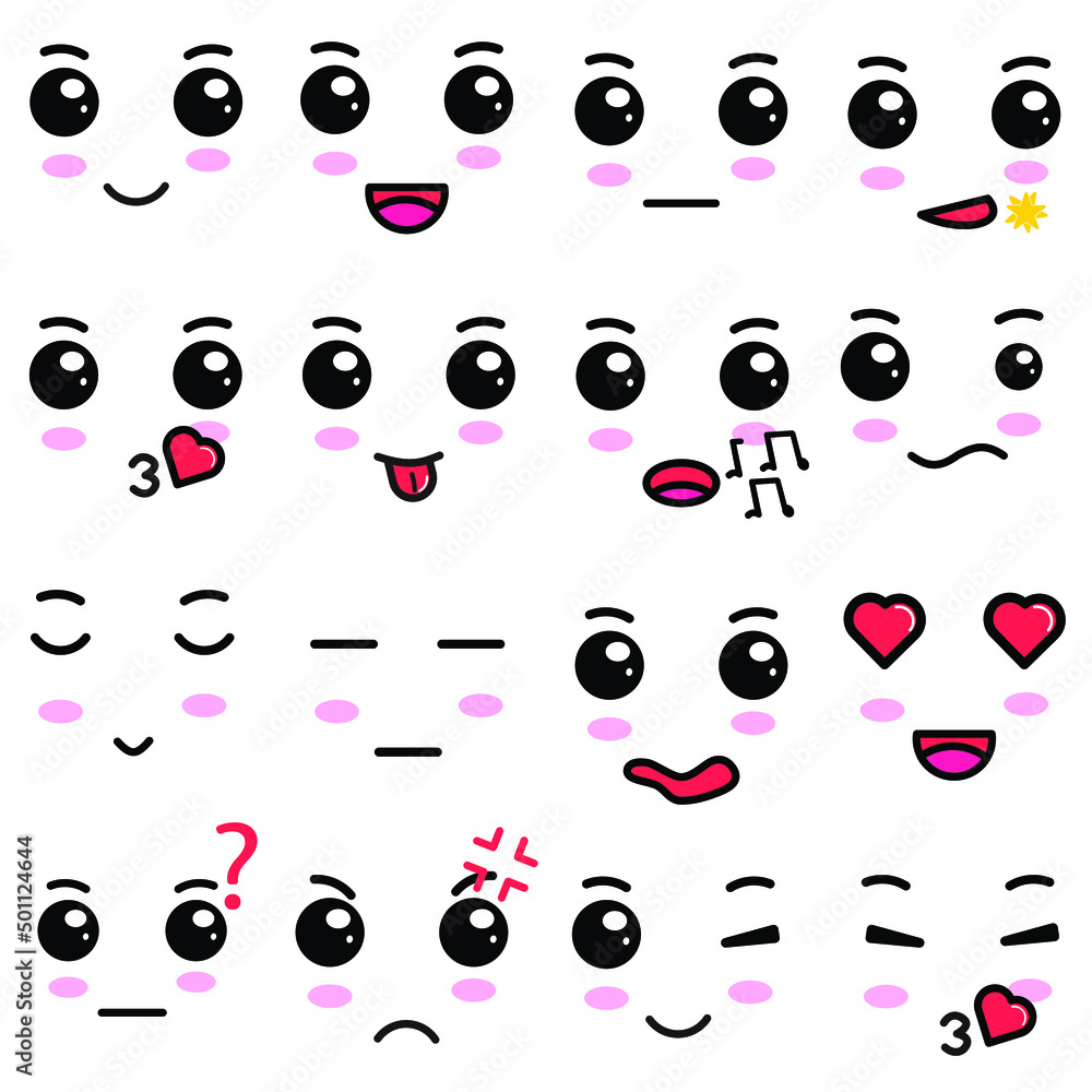 Cartoon Cute Kawa Eyes And Mouths. Cute Emoticon Emoji In Japanese ...