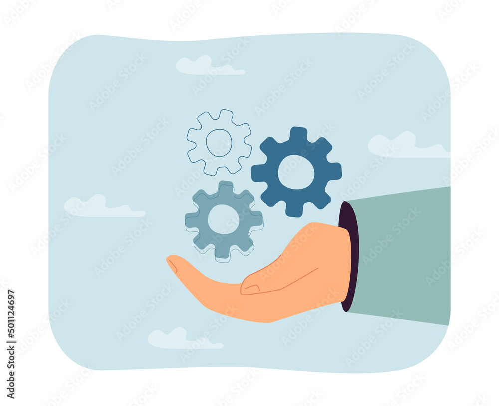 Gear wheels on hand flat vector illustration. Settings, engineering, machinery, mechanism, support, instrument concept for banner, website design or landing web page Gear wheels on hand flat vector illustration. Settings, engineering, machinery, mechanism, support, instrument concept for banner, website design or landing web page