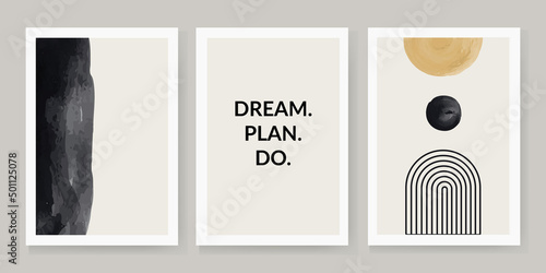 set of 3 creative abstract watercolor geometric illustrations for decorating walls, decorating postcards or brochures. Vector EPS10. Dream, plan, do