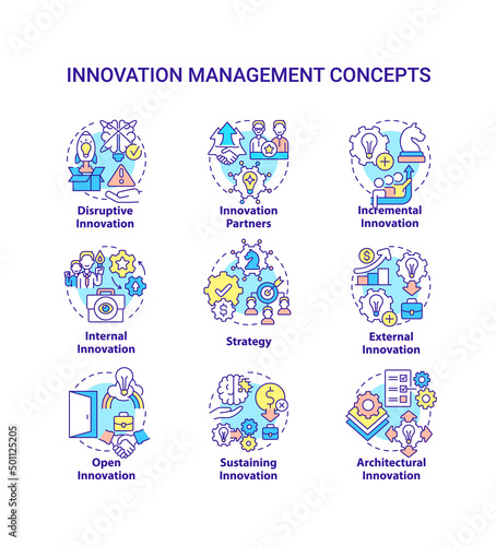 Innovation management concept icons set. Creating startup idea thin line color illustrations. Managing innovative ideas. Isolated symbols. Editable stroke. Roboto-Medium, Myriad Pro-Bold fonts used