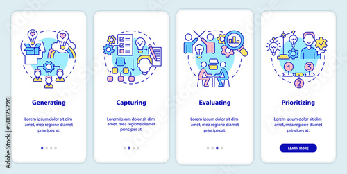 Innovation management steps onboarding mobile app screen. Generating idea walkthrough 4 steps graphic instructions pages with linear concepts. UI, UX, GUI template. Myriad Pro-Bold, Regular fonts used