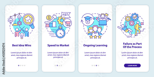 Innovative cultural aspects onboarding mobile app screen. Best idea wins walkthrough 4 steps graphic instructions pages with linear concepts. UI, UX, GUI template. Myriad Pro-Bold, Regular fonts used