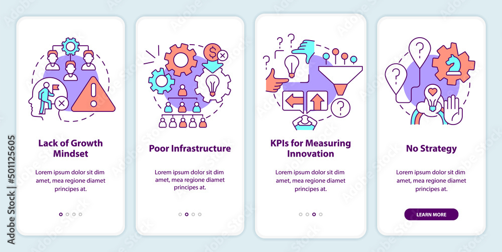 Challenges in innovation management onboarding mobile app screen. Walkthrough 4 steps graphic instructions pages with linear concepts. UI, UX, GUI template. Myriad Pro-Bold, Regular fonts used
