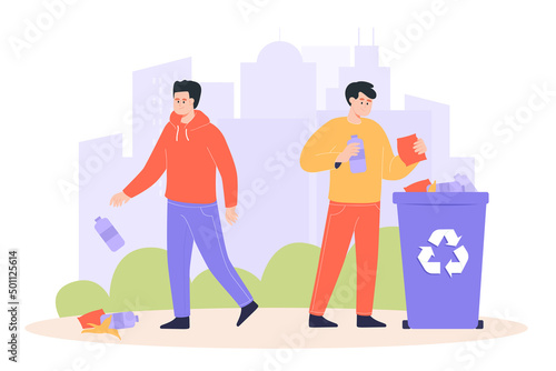 Right and wrong approach to throwing away trash. One man disposing waste on ground, another person throwing plastic or rubbish in recycling can flat vector illustration. Ecology, environment concept © SurfupVector