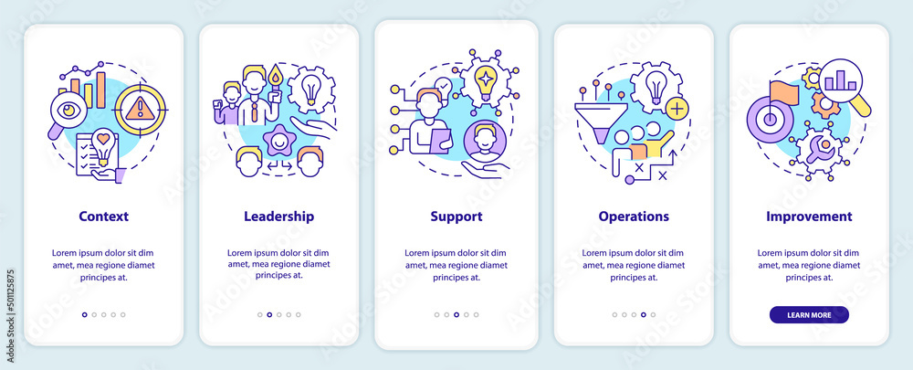 Innovation management key elements onboarding mobile app screen. Walkthrough 5 steps graphic instructions pages with linear concepts. UI, UX, GUI template. Myriad Pro-Bold, Regular fonts used