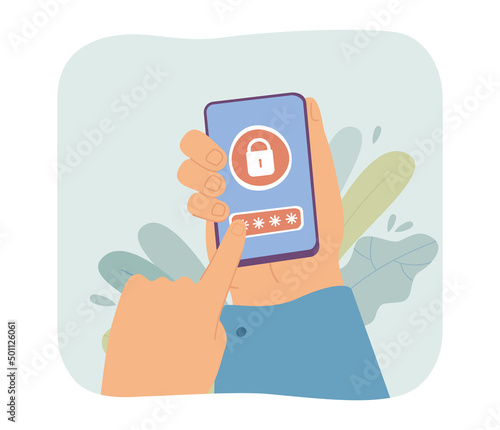 Hand holding phone with screen lock flat vector illustration. Person entering PIN code or password on smartphone. Safety, security, protection concept for banner, website design or landing web page