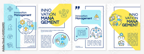Innovation management system blue and yellow brochure template. Brainstorming. Leaflet design with linear icons. 4 vector layouts for presentation, annual reports. Questrial, Lato-Regular fonts used