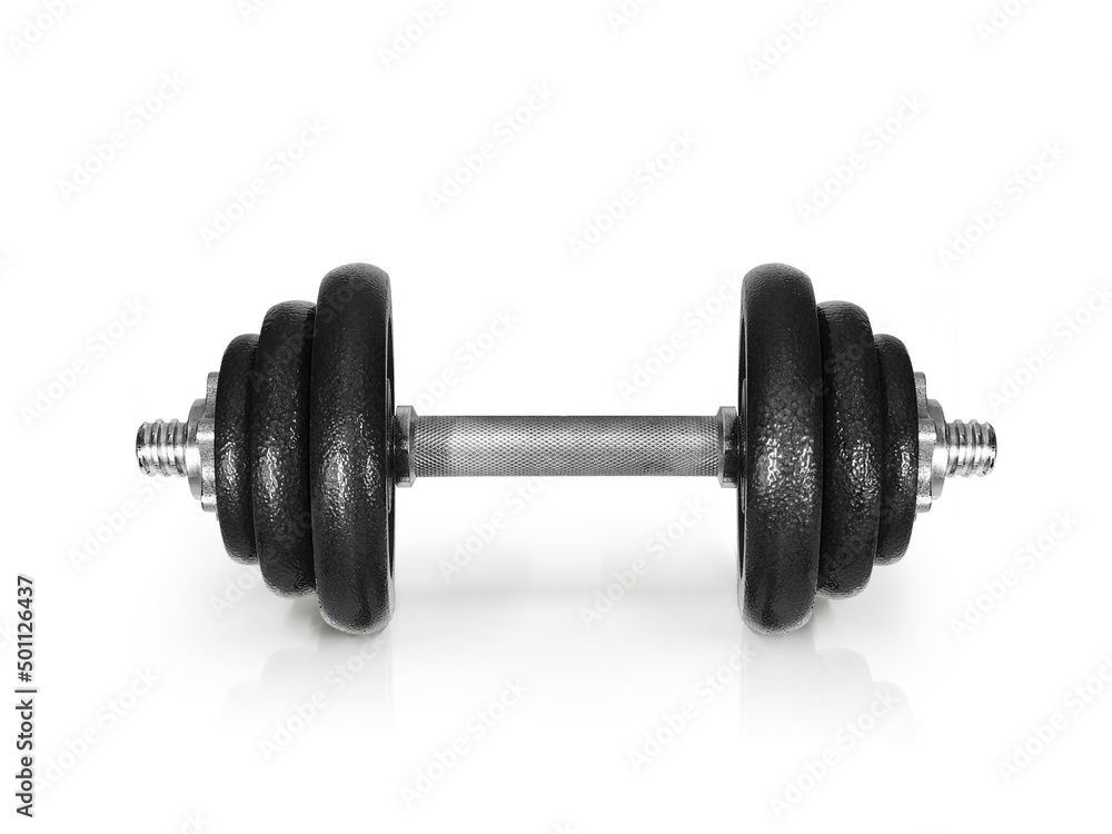 Fototapeta premium Metal dumbbells. Isolated on white background. Gym, fitness and sports equipment symbol. Area for entering text