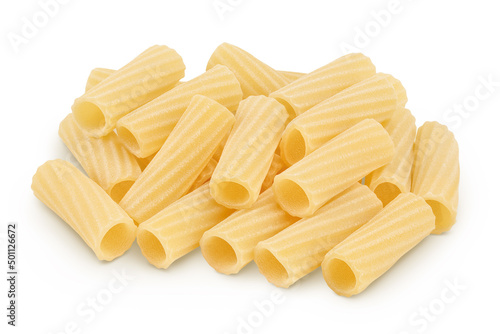 raw italian tortiglioni pasta isolated on white background with clipping path and full depth of field