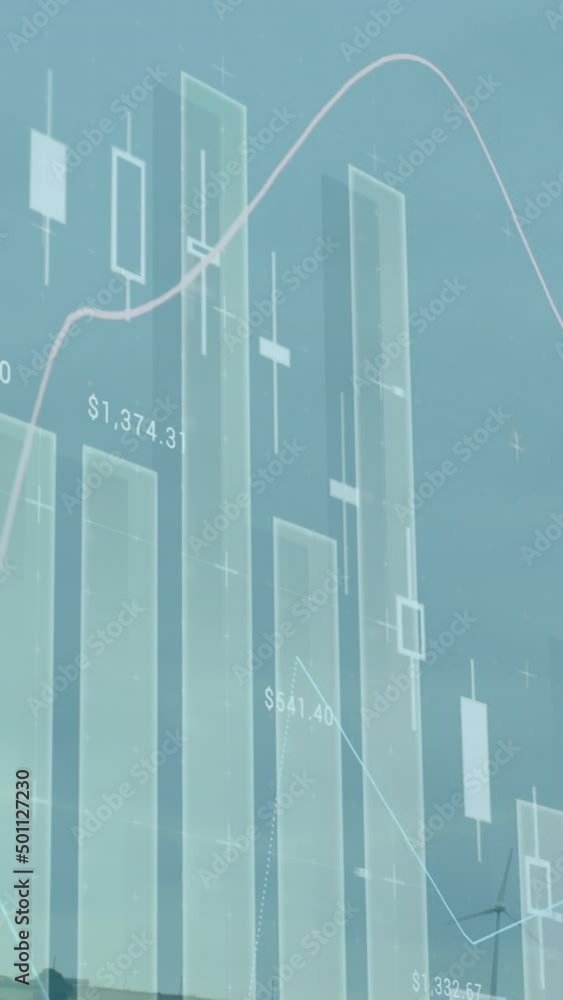 Animation of graphs and financial data over wind turbine Animation of graphs and financial data over wind turbine