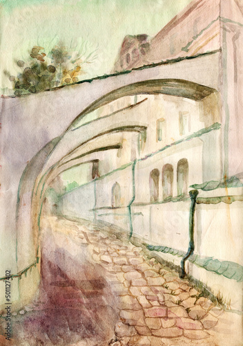 Watercolor painted sketch landscape. Pechersk Lavra in Kyiv, the passage between the buildings, arches of the flying buttresses between the walls photo