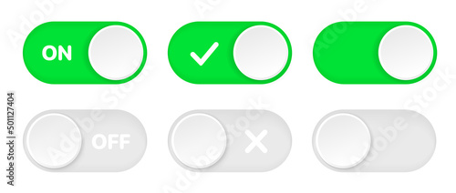 On and Off toggle switch icons. Switch toggle buttons ON OFF. Material design switch buttons set. Open and close ui icons. Active and Inactive icon. Stock Vector.