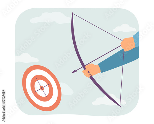 Archer shooting at target, holding bow and arrow. Person stretching bowstring for aiming flat vector illustration. Archery, focus on goal concept for banner, website design or landing web page