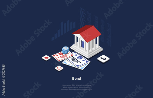 Concept of Banking Loan, Money Loans, Return on investment, financial solutions, Passive Income, Government Bonds, Corporate Funds. Document And Agreement For Signing. Isometric 3d Vector Illustration