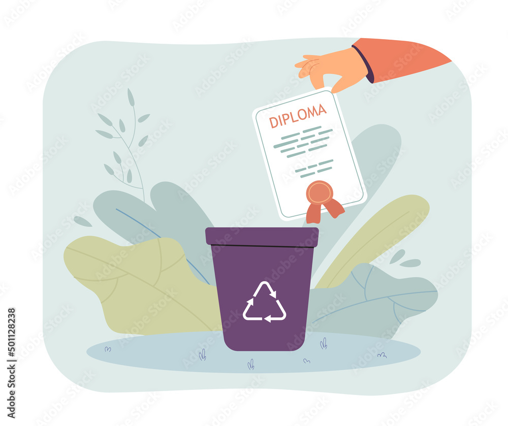 Hand throwing out diploma in trash bin flat vector illustration. Disappointed graduate putting diploma into recycling garbage can. Education concept for banner, website design or landing web page Hand throwing out diploma in trash bin flat vector illustration. Disappointed graduate putting diploma into recycling garbage can. Education concept for banner, website design or landing web page