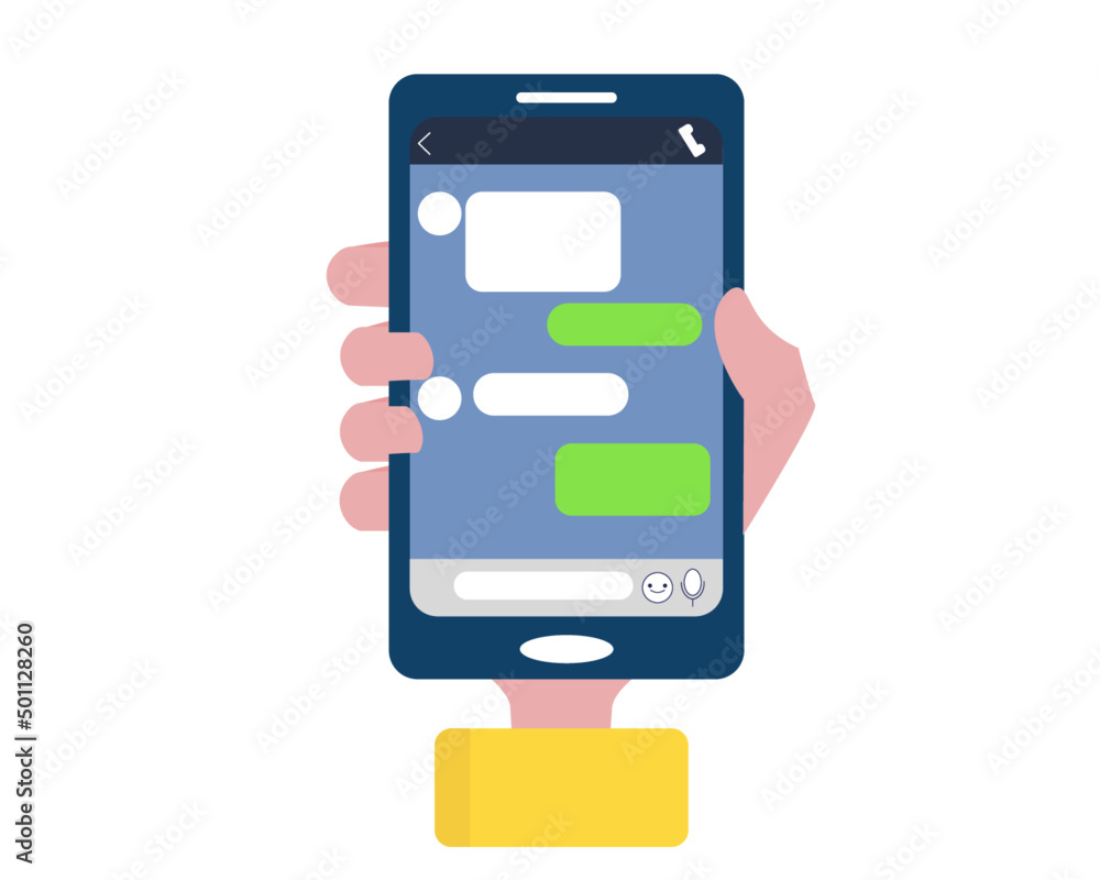 スマホ トーク チャット。スマホを持つ。アプリ 携帯。トークルームで会話する。スマホの画面。ベクターイラスト スマホ トーク チャット。スマホを持つ。アプリ 携帯。トークルームで会話する。スマホの画面。ベクターイラスト