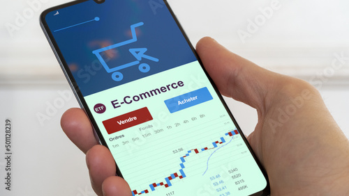 Investir dans un ETF E-commerce. Diversifier son investissement s'exposer à un fonds thématique. Acheter un fonds en bourse. Spéculer sur la thématique. Texte en français.