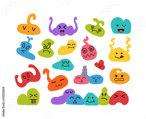 Set of cute doodle characters of different shape, color and size, expressing various emotions
