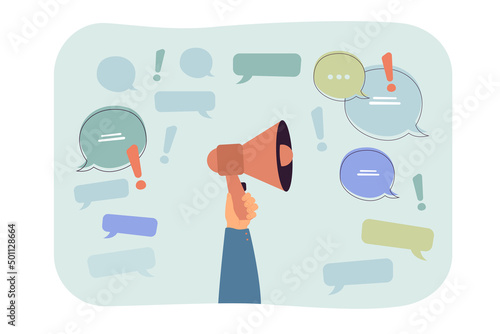Hand holding megaphone surrounded by speech bubbles flat vector illustration. Advertisement, promotion, announcement concept for banner, website design or landing web page