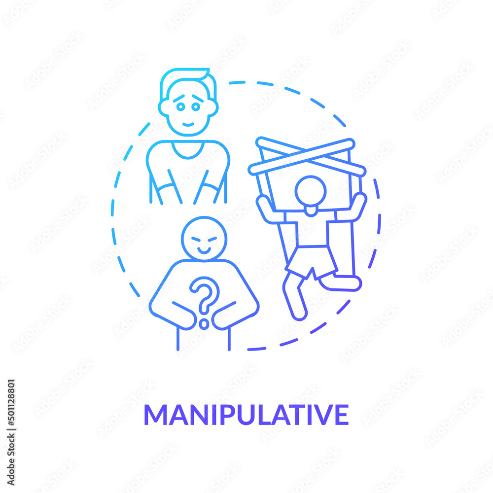 Manipulative blue gradient concept icon. Key communication style abstract idea thin line illustration. Controlling conversation outcome. Isolated outline drawing. Myriad Pro-Bold font used Manipulative blue gradient concept icon. Key communication style abstract idea thin line illustration. Controlling conversation outcome. Isolated outline drawing. Myriad Pro-Bold font used
